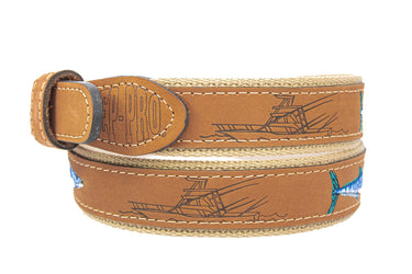 Wahoo Embroidered Nubuck Leather Belt. Tan Full Grain Leather Tabs, Solid Brass Buckle and Cotton Webbing.