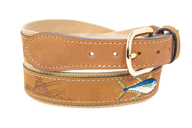 Yellow Tuna Embroidered Nubuck Leather Belt. Tan Full Grain Leather Tabs, Solid Brass Buckle and Cotton Webbing.