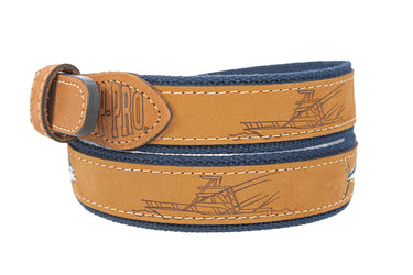 Yellow Tuna Embroidered Nubuck Leather Belt. Tan Full Grain Leather Tabs, Solid Brass Buckle and Cotton Webbing.