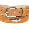 Yellow Tuna Embroidered Nubuck Leather Belt. Tan Full Grain Leather Tabs, Solid Brass Buckle and Cotton Webbing.