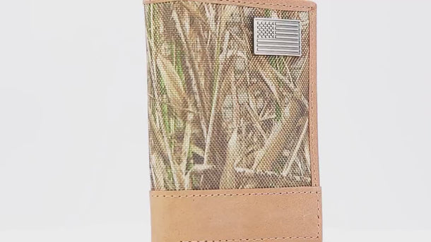 WVU Mountaineers Realtree Wallets. Bifold Pass-case. Classic Trifold. Tall Secretary. Realtree Max-5 Pattern. Leather Nylon Combo.