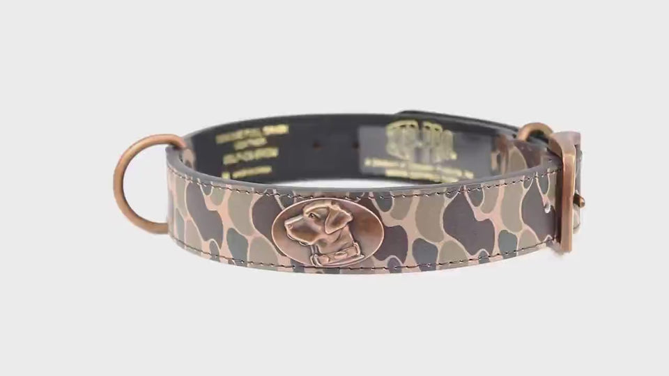 LSU Tigers Old School Camo Leather Dog Collar - Antique Copper Logo